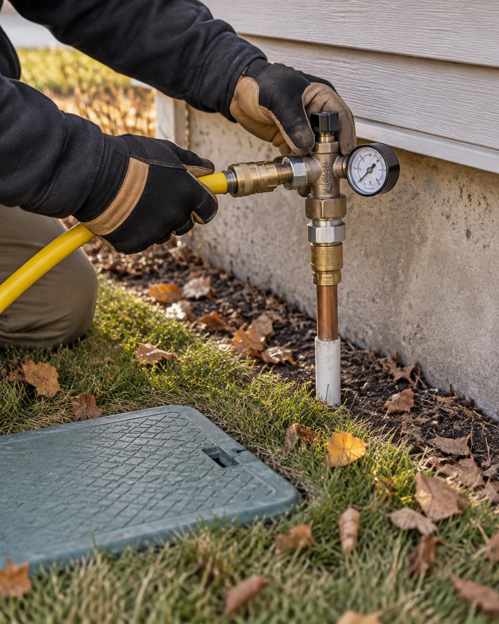 Technician connecting a compressed-air hose to an above-ground sprinkler blowout port